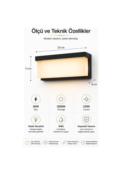 30w Radar Sensörlü Led Duvar Apliği, 3000k, 2350 Lümen, Ip65, Siyah