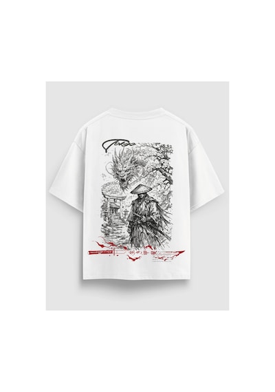 Yolo Street Japon Dragon Baskılı Oversize Erkek Tişört %100 Pamuk Streetwear Beyaz111