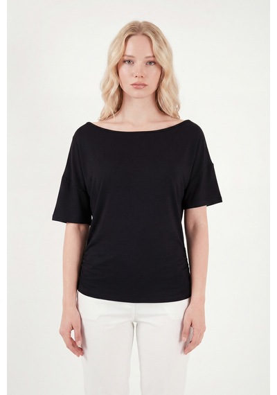 Lela Standart Fit Drape Detaylı Yarasa Kol T Shirt Bayan T Shirt 5866962 Siyah