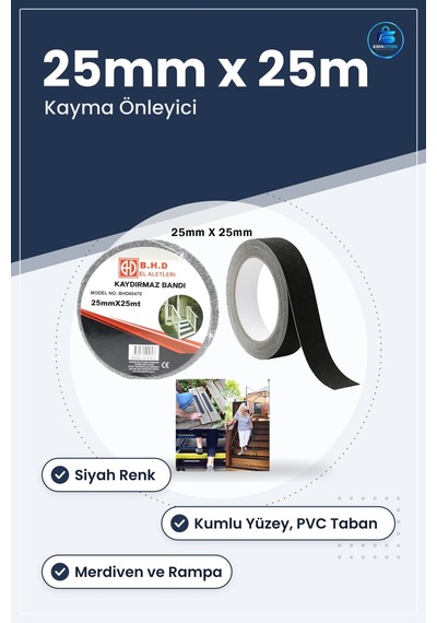 Kaydırmaz Bant 25mm X 25m Siyah Merdiven Rampa Platform Islak Zem