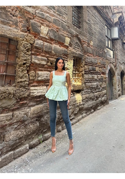 WeShaya Mint Pamuk Polyester Kare Yaka Bluz Mint