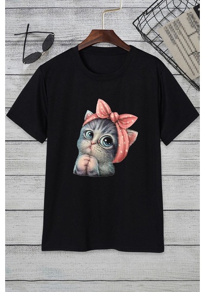 Flood Of Style Unisex Sevimli Kedi Tasarım T-shirt Siyah