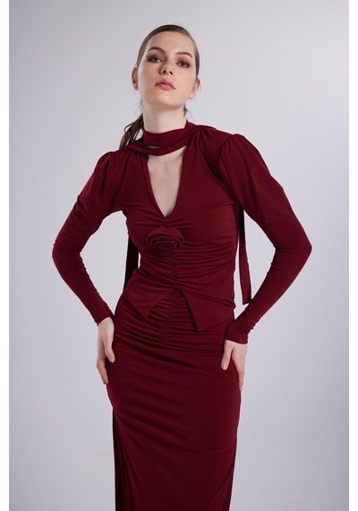 Holly Lolly Çift Yırtmaçlı Maxi Serre Etek Bordo