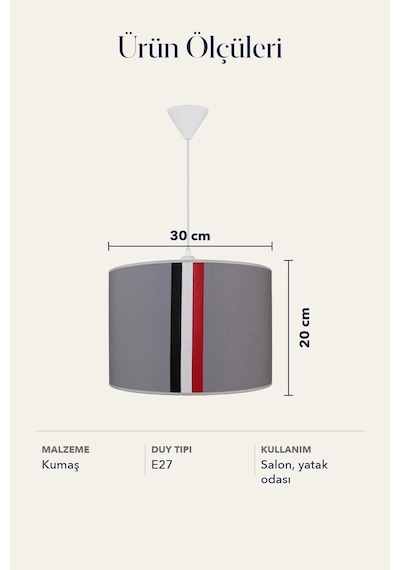 Şenay Aydınlatma Modern Silindir Kumaş Sarkıt Avize Gri Siyah Beyaz Kırmızı Şeritli