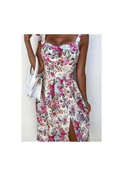 Butik İstanbul Kadın Askılı Kalp Yakalı Yandan Yırtmaçlı Midi Süprem Elbise Pembe