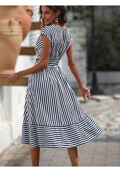 Alyn Wear Kadın Kısa Kollu V Yakalı Çizgili Süprem Midi Elbise Çok Renkli