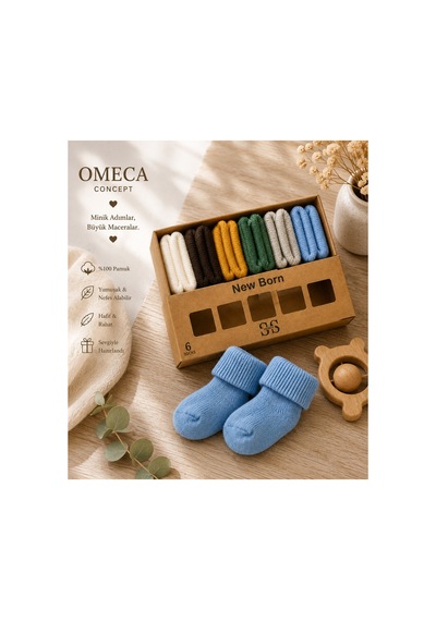 Omeca Concept 6'lı Yenidoğan Bebek %100 Pamuk Çorap Seti - Karışık Renkli Çok Renkli