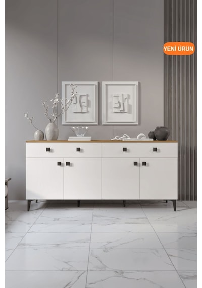 Livia Konsol 180 Cm Aytaşı Ceviz 4 Kapaklı 2 Çekmeceli Modern Konsol Aytaşı
