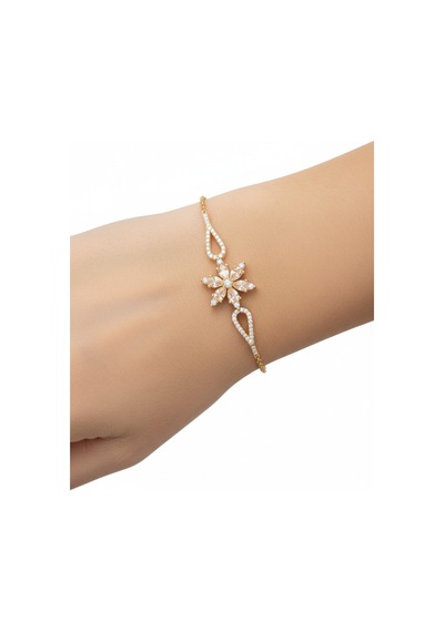 Çekirdekjewelry 925 Ayar Gümüş Zirkon Taşlı Çiçek Figürlü Zarif Altın Renk Kadın Bileklik Sarı Şampanya