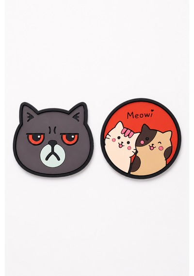Kemboss Gri Kedi Ve Meowi Kedi Bardak Altlığı Seti 4'lü - Pvc Kaydırmaz Bardak Altlığı 2 Gri Kedi + 2 Meowi Kedi Çok Renkli