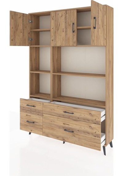 Arges Dolap 8 Raflı 4 Çekmeceli 3 Kapaklı 132x30x195 Çam-çam/çam Çam