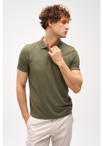Açık Yeşil Slim Fit Dar Kalıp Fermuarlı Polo Yaka Düz Kısa Kollu Tişört-16406 Yeşil