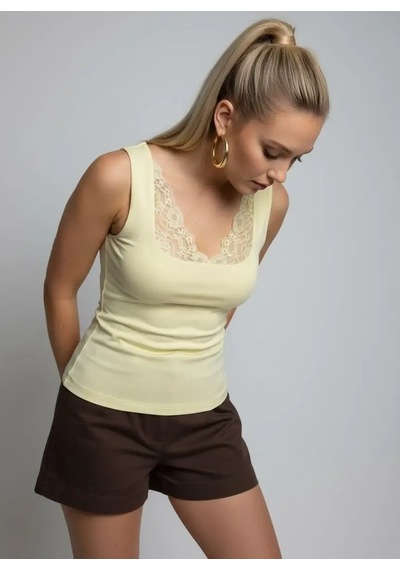 Park Karon 26004 Kadın Dantel Detaylı Kare Yaka Modal Örme Bluz Sari