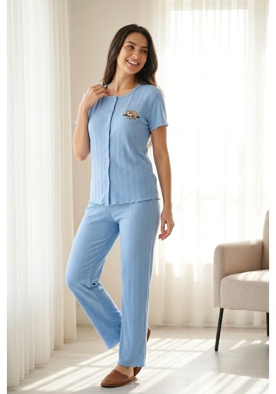 Mataş Kadın Ayıcık Desenli Bambu Viskon Kısa Kollu Yumuşak Soft Örme Pijama Takımı Mavi