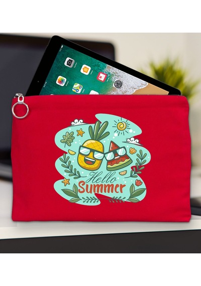 Bk Gift Yaz Temalı Kırmızı Tablet Çantası 30x21cm, Apple iPad Uyumlu Çantası, Baskılı Tablet Kılıfı