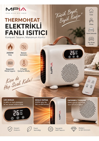 Mpia Thermoheat 2000w Uzaktan Kumandalı Elektrikli Fanlı Isıtıcı 25 M² Etkili Portatif Masaüstü Isıtıcı