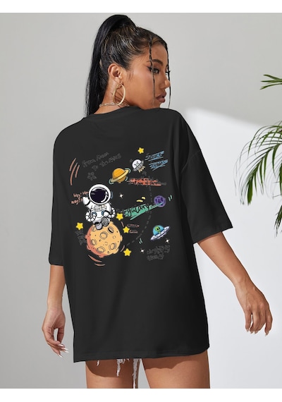Unisex Galaksi Tasarım Basklı Tshirt Siyah