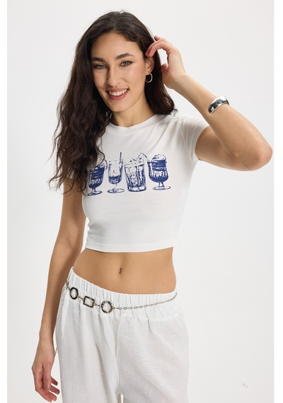 Tudors Kadın Slim Fit Dar Kesim Pamuk Bisiklet Yaka Kısa Kollu Baskılı Ekru Crop Tişört-50535 L