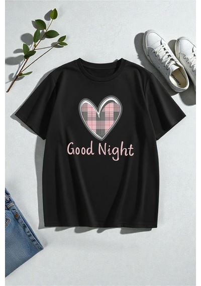 Uyguntarz Unisex Night Kalp Baskılı Tasarım Tshirt Siyah