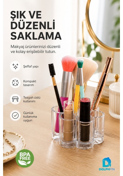 Papatya Model Şeffaf Makyaj Organizeri Kozmetik Fırça Ve Ruj Düzenleyici 9x9x5,5 Cm