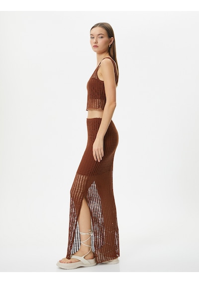 Koton Uzun Kroşe Etek Ajurlu Yüksek Bel Yanları Yırtmaçlı Astarlı Slim Fit Kahverengi 4sal70009ık Kahve