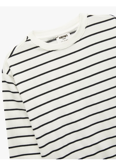 Koton Pamuklu Şardonlu Uzun Kollu Bisiklet Yaka Çizgili Sweatshirt Ekru Çizgili 7wmb10021tk