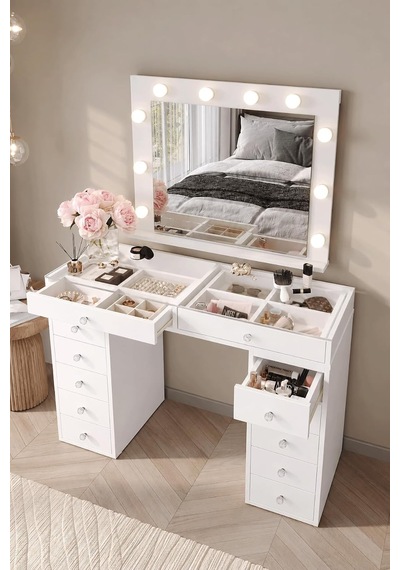 Tr Df02115b Led Işıklı Aynalı Makyaj Masası Tabureli, Bölmeli 12 Çekmeceli Organizer Kozmetik Masası Diğer Tr Df02115b Led Işıklı Aynalı Makyaj Masası Tabureli, Bölmeli 12 Çekmeceli Organizer Kozmetik Masası Diğer