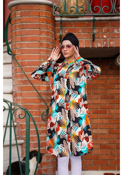Polologin Butik Canlı Renkli Tropikal Desenli Tunik Turkuaz Turuncu Beyaz