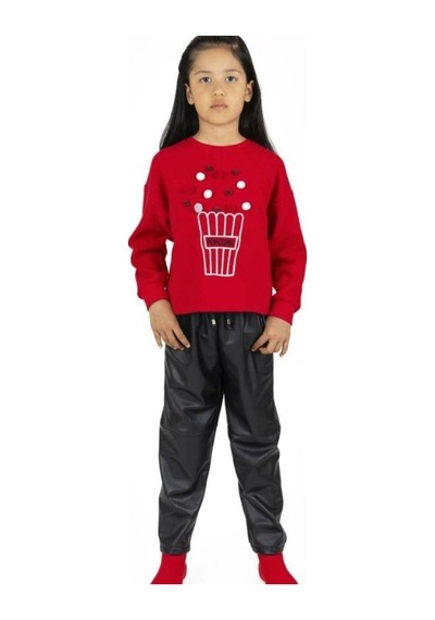Kız Çocuk Popcorn Baskılı Sweatshirt-13493 Kırmızı
