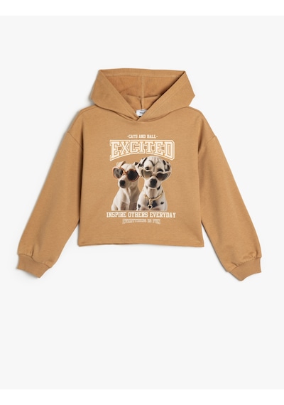 Koton Kapşonlu Sweatshirt Köpek Baskılı Uzun Kollu Pamuklu Kahverengi 5wkg10557ak Kahverengi