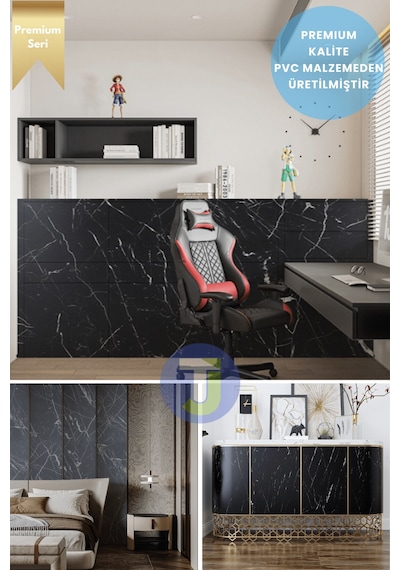 Technojet Kendinden Yapışkanlı Mat Mermer Desen Folyo Mutfak Banyo Tezgah Duvar Kaplama 60cmx500cm Siyah