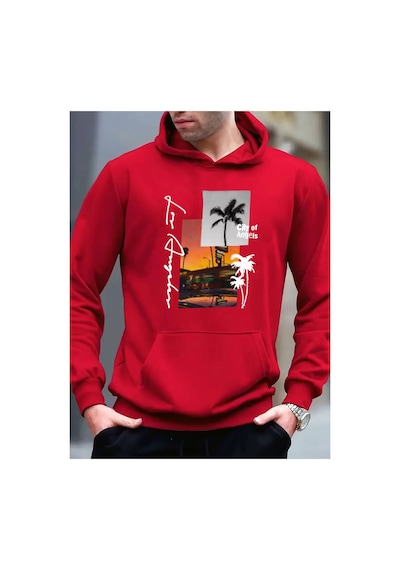 Medinenur Los Angeles Baskılı Kapüşonlu Sweatshirt Kırmızı