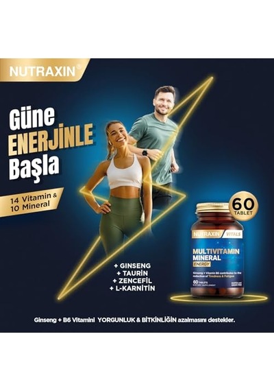 Ayrex Nutraxin Multivitamin Mineral Energy Ginseng, Coq-10, L-karnitin, Taurin Ve 24 Vitamin-mineral İçeren Enerji