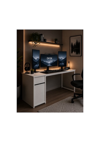 Beyaz Çekmeceli Kapaklı 160 Cm Çalışma Masası, Bilgisayar Masası, Ofis Masası, Metal Ayaklı, Raflı, Kesonlu