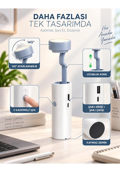 Şarjlı Dokunmatik 20 Led Çalışma Okuma Işığı Masa Lambası Ayarlanabilir Parlaklık Powerbank 1200mah Diğer