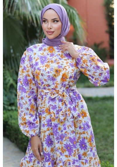 Defymoda Kadın Uzun Çiçek Yaprak Desenli Belden Bağlamalı Elbise Lila