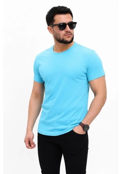 Modi Erkek Basic Tişört Bisiklet Yaka Kısa Kol Günlük Yazlık Slim Fit T-shirt - Açık Mavi Açik Mavi
