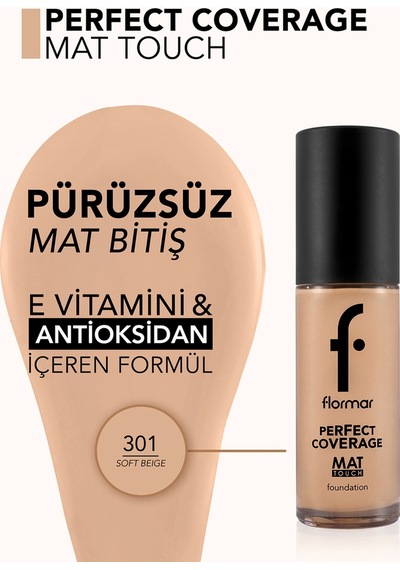 Flormar Mat Birişli E Vitamini İçeren Fondöten  - Mat Touch Foundation - 301 Soft Beige - 8682536057561