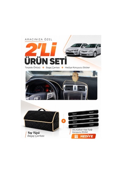 Toyota Avensis T270 2009-2015 Uyumlu Torpido Örtüsü + Tay Tüyü Bagaj Çantası Seti - Siyah Bej