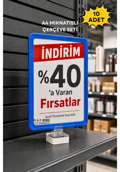10 Adet - A4 Güçlü Mıknatıs Tutuculu Fiyatlık Etiketlik Dikey Yatay Ve Bilgilendirme Çerçevesi Mavi