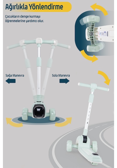 Prego Flow Müzikli Işıklı Oturaklı Çocuk Scooter Katlanabilir - Yükseklik Ayarlı Yeşil