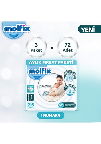 Molfix Premium Aylık Fırsat Paketi 1 Beden 216 Adet 1 Numara 3'lü