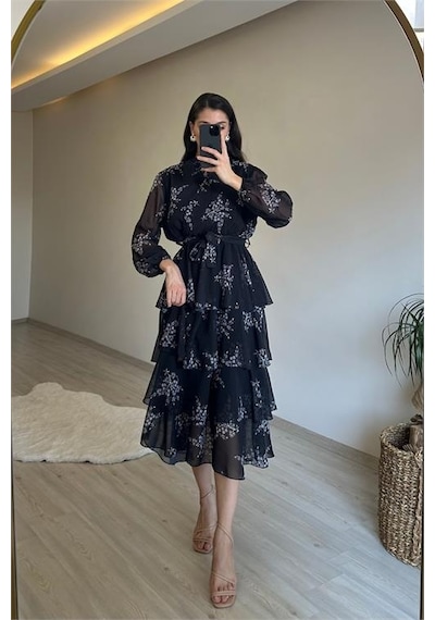 Neşeli Butik Kadın Çiçek Desenli Kat Kat Volanlı Şifon Elbise Nm014 Siyah