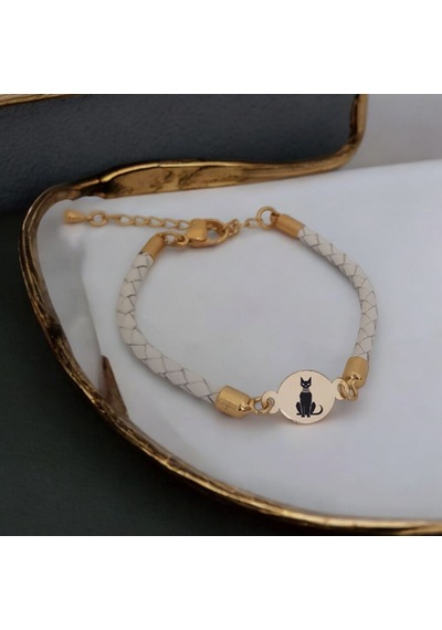 Kedi Temalı Doğal Beyaz Derili Oval Motifli 14 Ayar Altın Plakalı Hediye Bileklik-529sembol Kedi