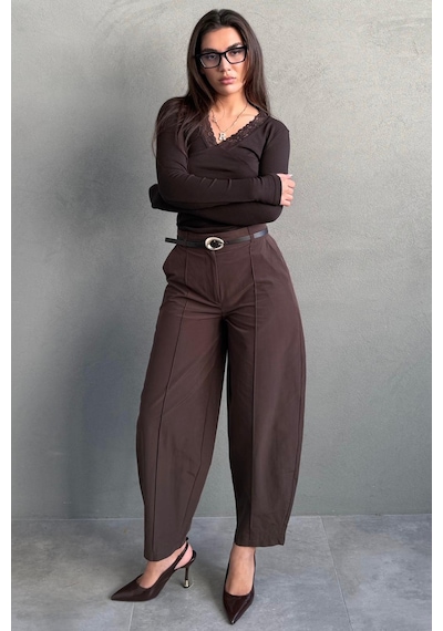 Madmext Kahverengi Modern Kesim Kemerli Yüksek Bel Bol Paça Kumaş Pantolon Mg2618 Kahverengi