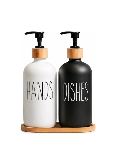 2 Li Hands Dishes Siyah Beyaz Cam Sıvı Sabunluk Seti 500 Ml, Bambu Standlı Dekoratif Mutfak &am Beyaz,siyah
