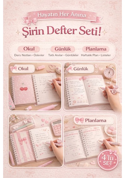 4'lü Spiralli Çizgili Defter Seti 17x24 120 Yp Kurdele, Kiraz Ve Puantiyeli Tasarım