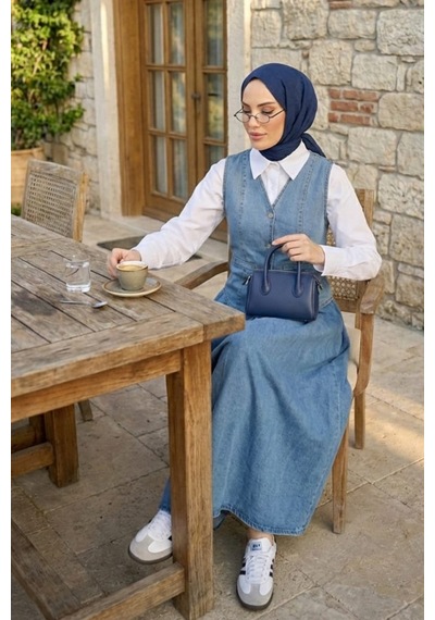 Hb Harma Time Butik Kadın Düğmeli Ve Cepli Kot Mavi Tunik Etek İkili Takım Mavi Mavi