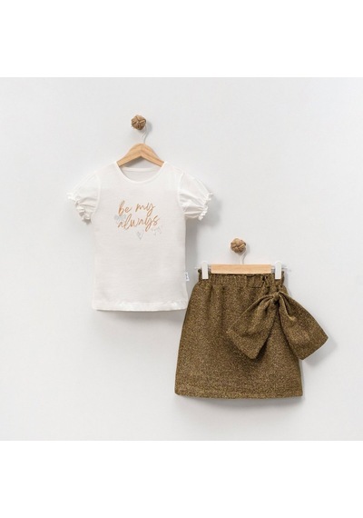 Overdo Kids Kız Çocuk Kısa Kol T-shirt Simli Etek Takım Ekru