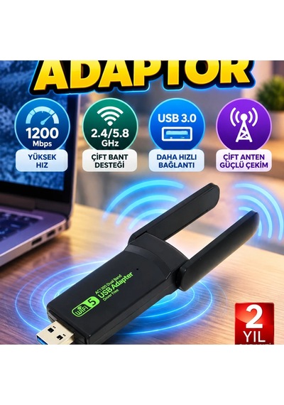Ultratekno Dual Band Wifi Adaptör 1200 Mbps, Usb 3.0, 2.4/5.8 Ghz, Çift Anten